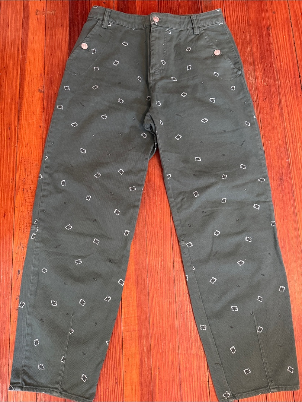 Kenzo Logo Olive Straight-Leg Pants with White Embroidered Motifs size 40